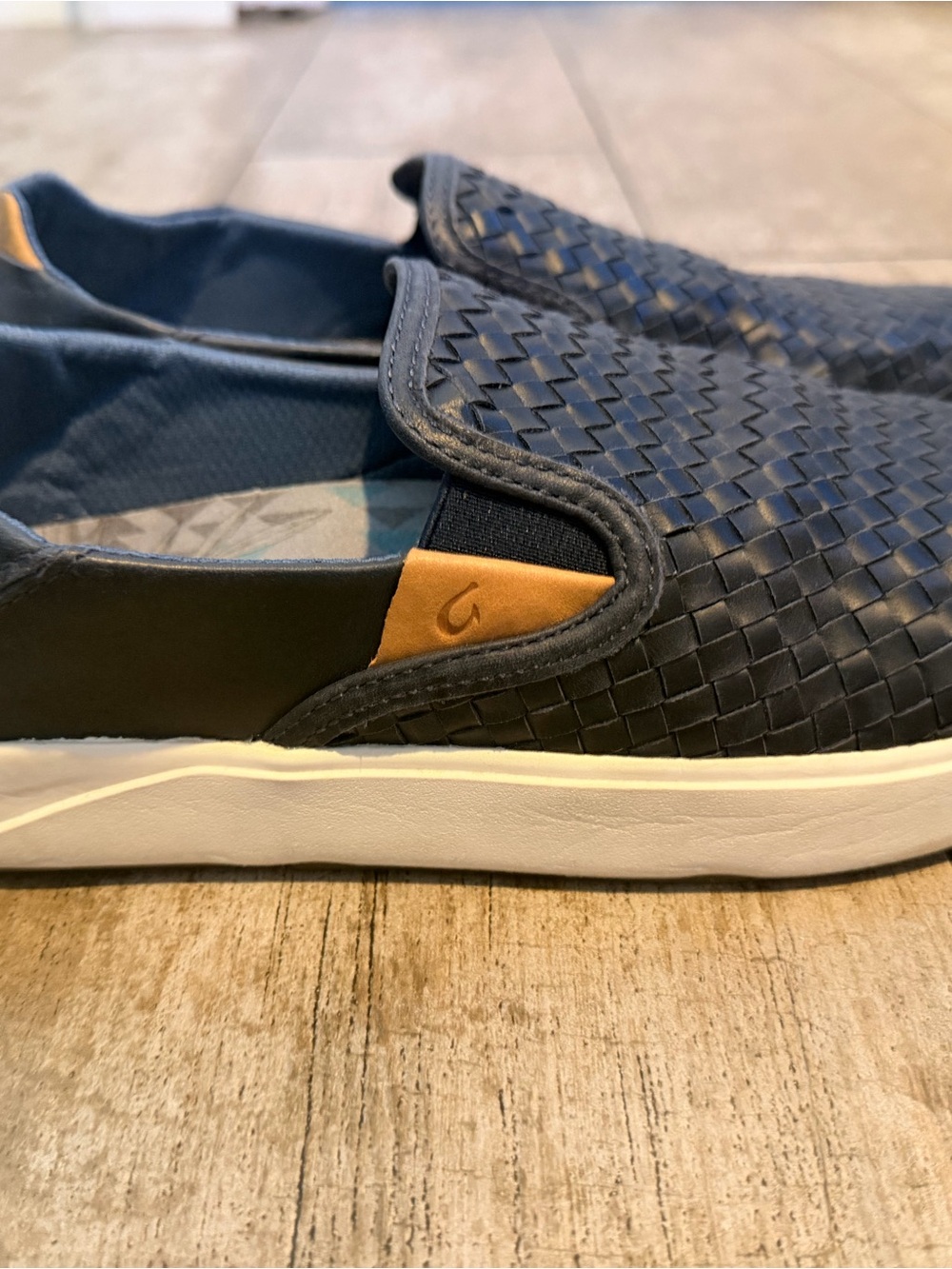 OluKai Men's Navy Woven Slip-On Loafers with Tan Accent